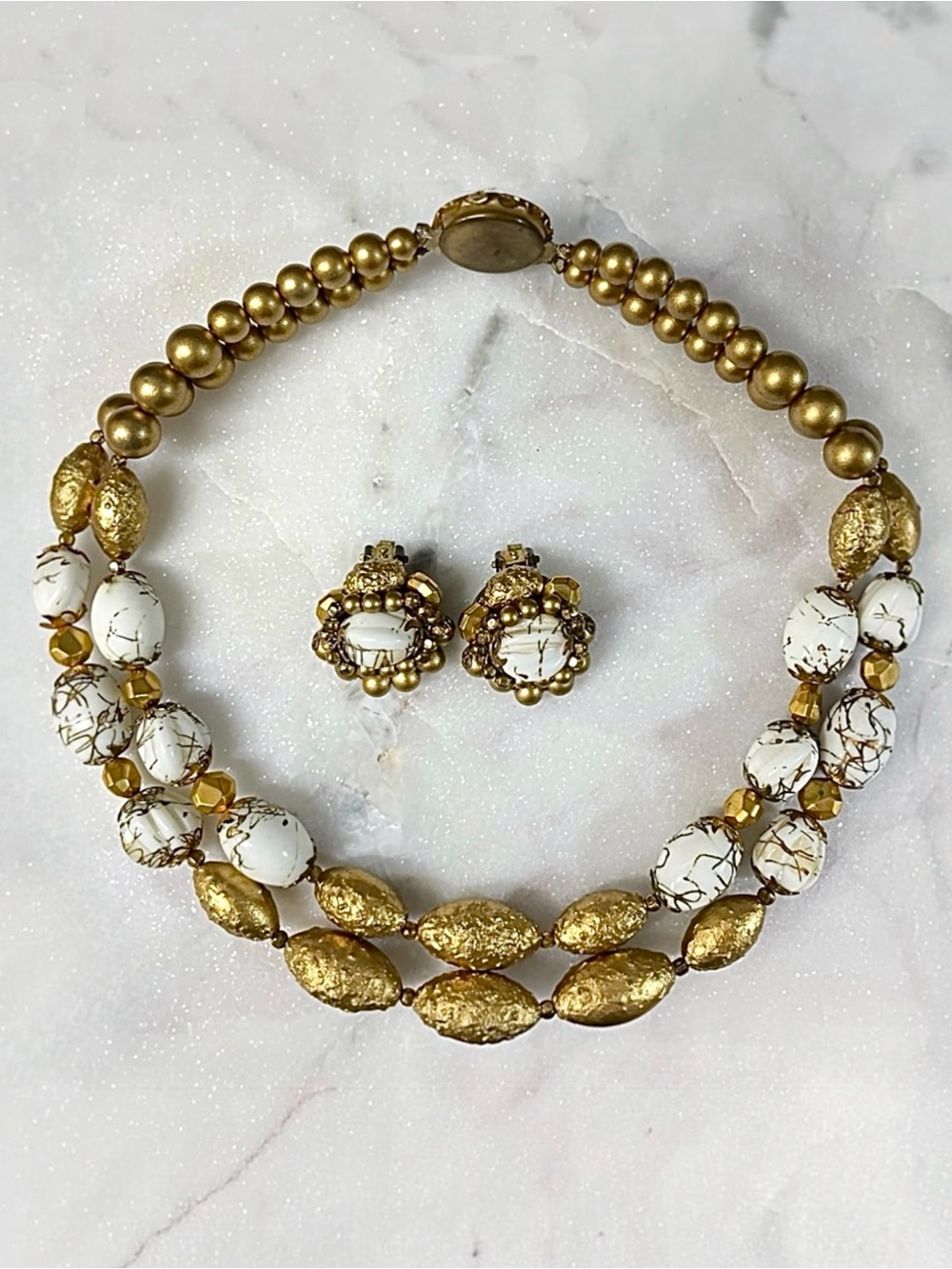 Vintage 50s White Milk Glass Gold Speckle Double Strand Choker Clip Earrings Set